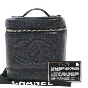 CHANEL CC Logo Vanity Cosmetic Hand Bag Grained Calfskin Leather Black 58RP038